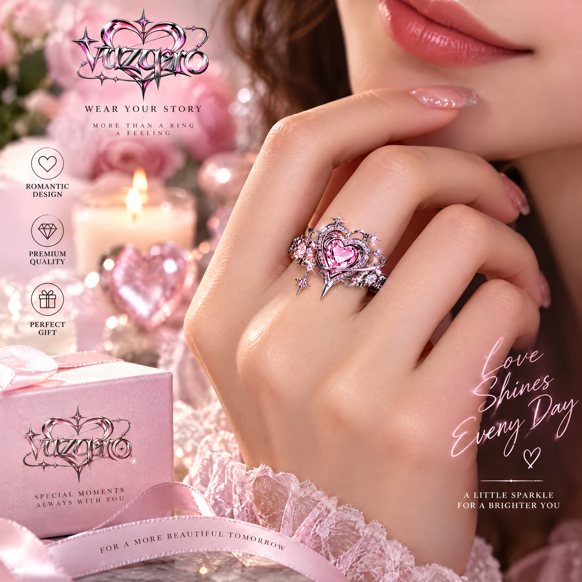 Pink Heart Star Stackable Ring