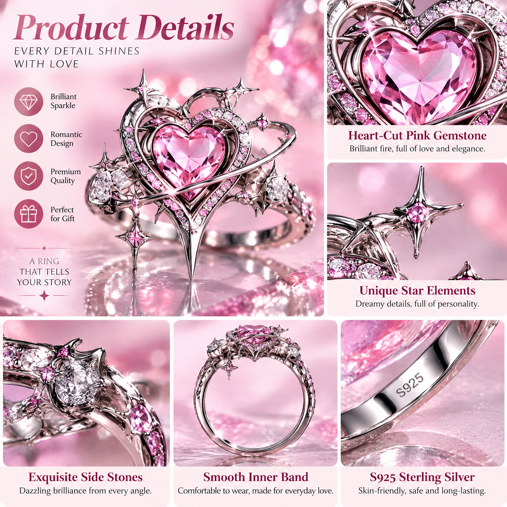 Pink Heart Star Stackable Ring