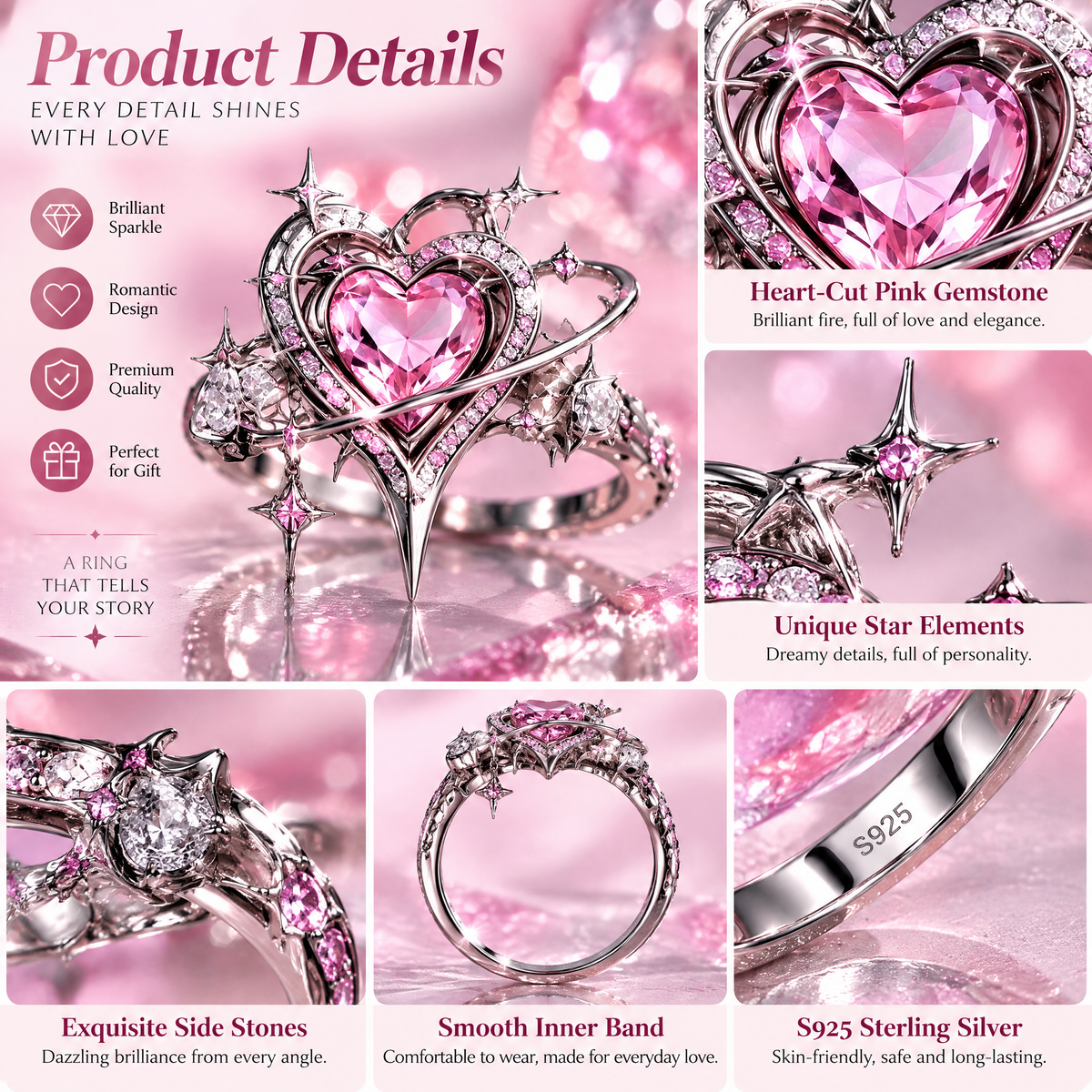 Pink Heart Star Stackable Ring